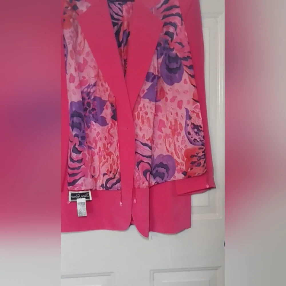 Elegant Pink Blazer with Patterned Scarf